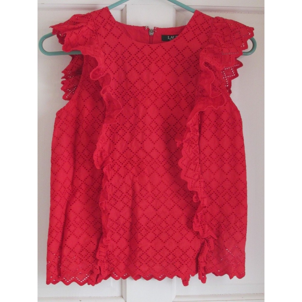 Lauren Ralph Lauren Petites Women's Red Lined Ruffle Sleeveless Blouse Size PS